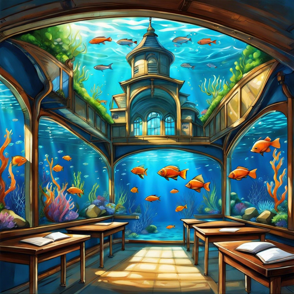 a magical school underwater with fish swimming through classrooms