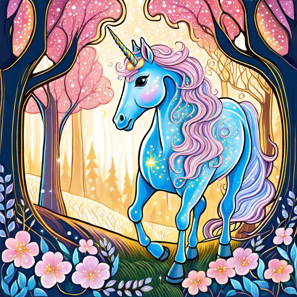 a magical unicorn in a sparkly forest