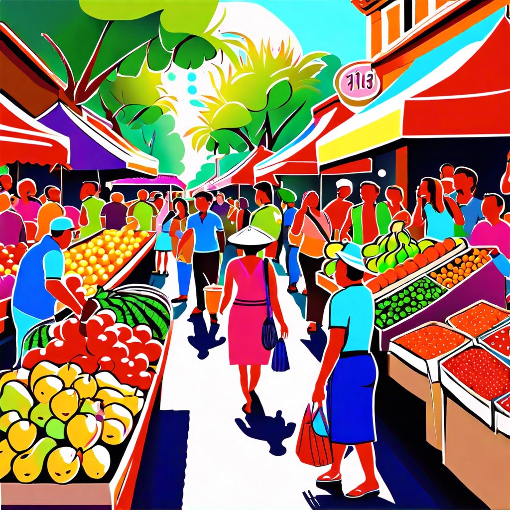 a market scene with vibrant fruits and bustling shoppers