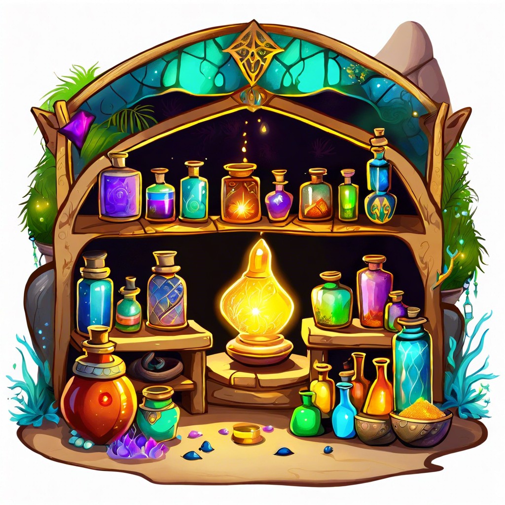 a marketplace selling magical artifacts and potions