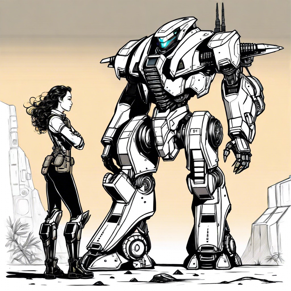 a mecha pilot suited up beside their giant robot