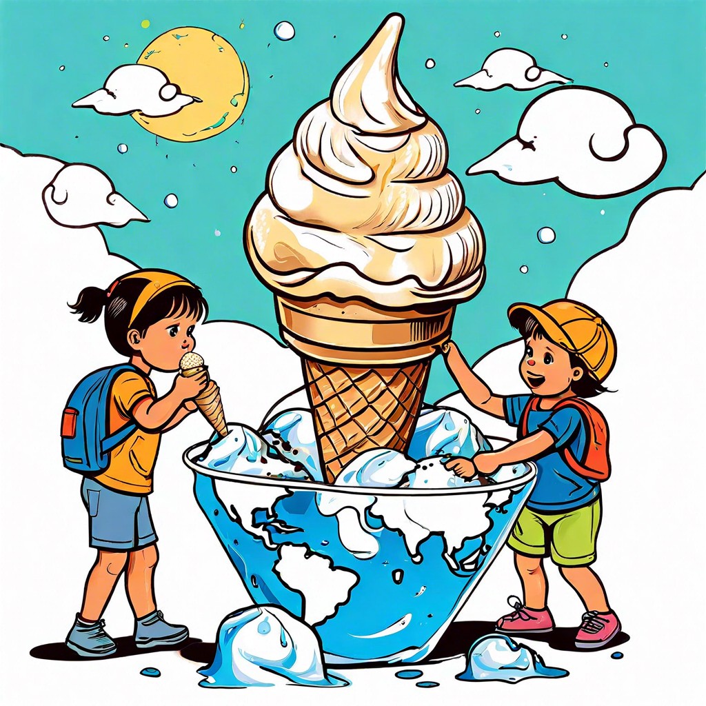a melting earth ice cream cone being saved by children