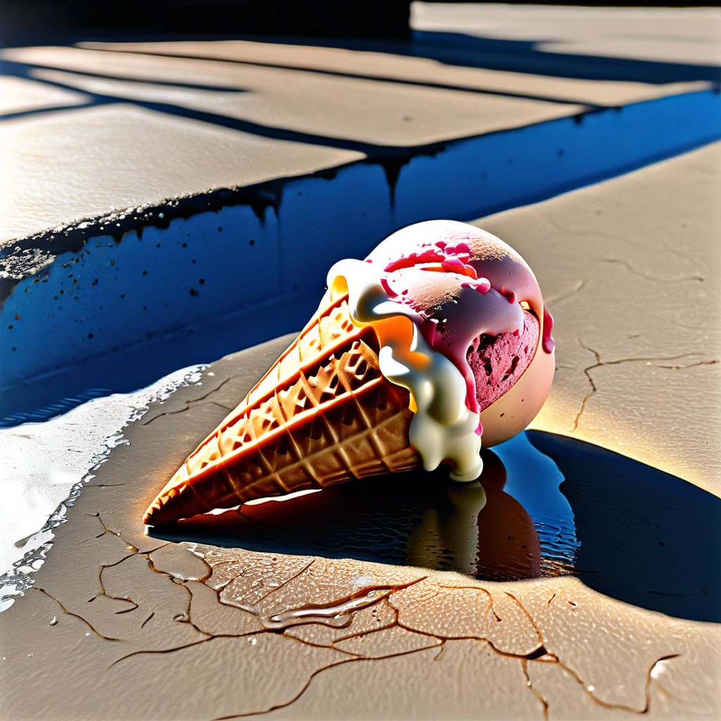 a melting ice cream cone on a hot sidewalk