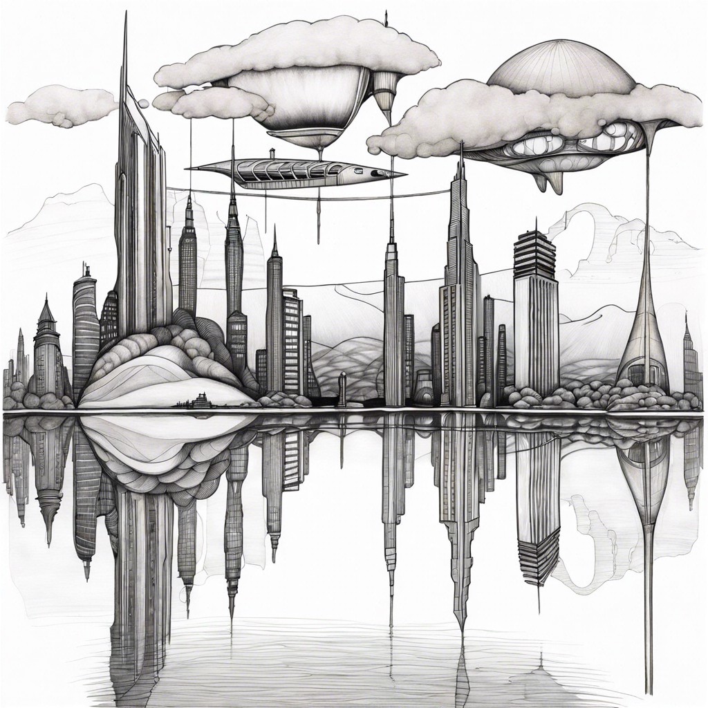 a mirrored skyline that flips into an underwater city