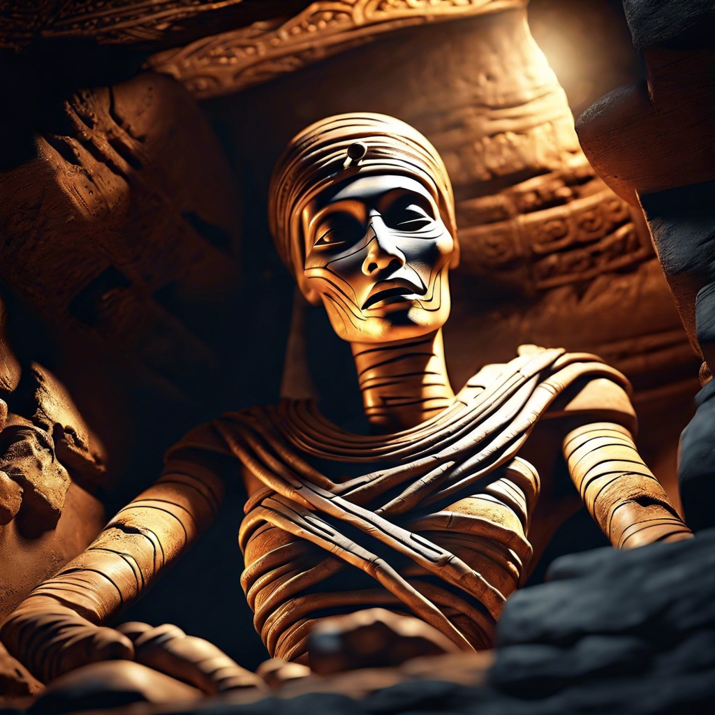 a mummy emerging from its sarcophagus