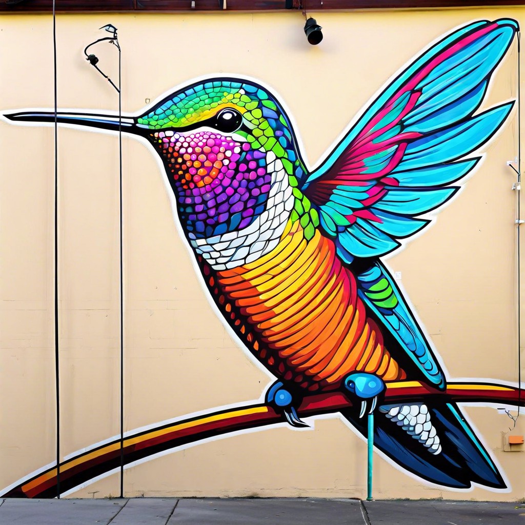 a mural of oversized colorful hummingbirds