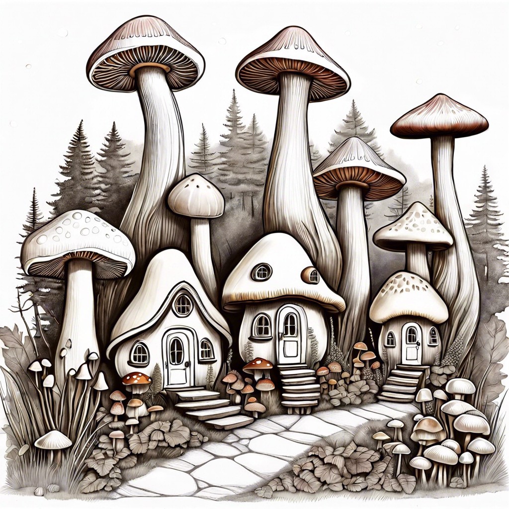 a mushroom village with tiny houses carved into the stems