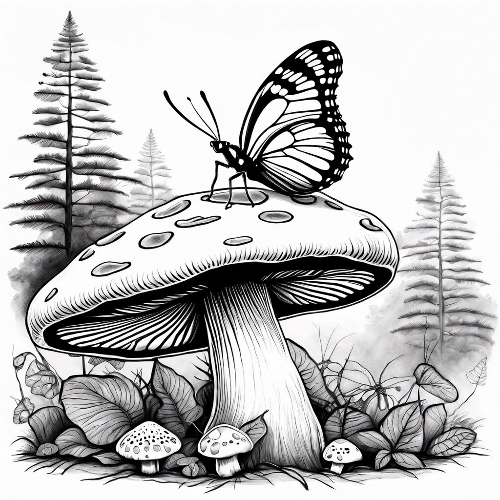 a mushroom with a butterfly perched delicately on its cap
