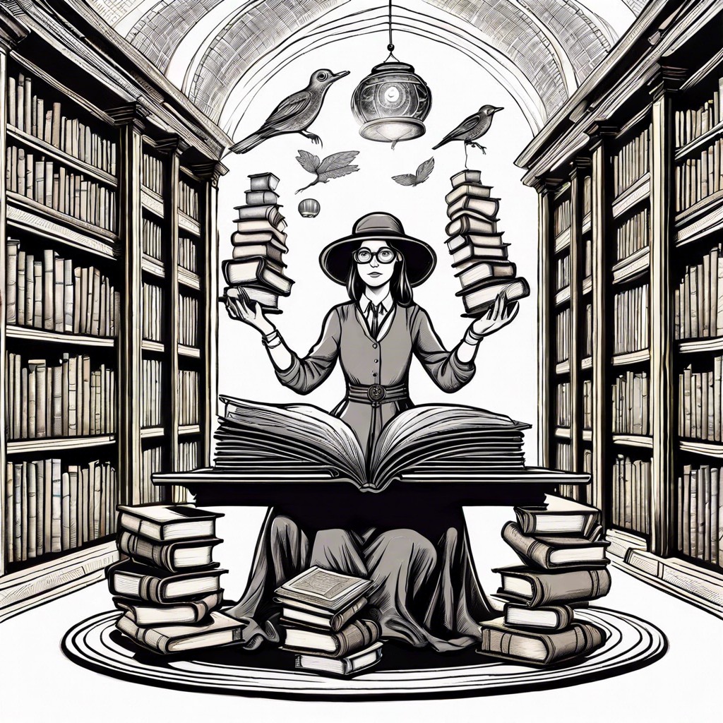 a mystical librarian sorting books that float in mid air