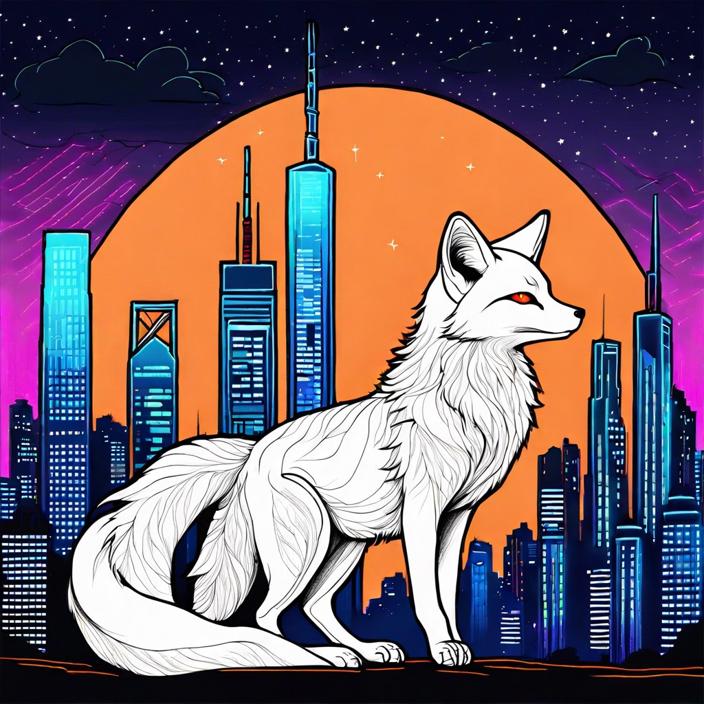 a mythical kitsune in a modern cityscape