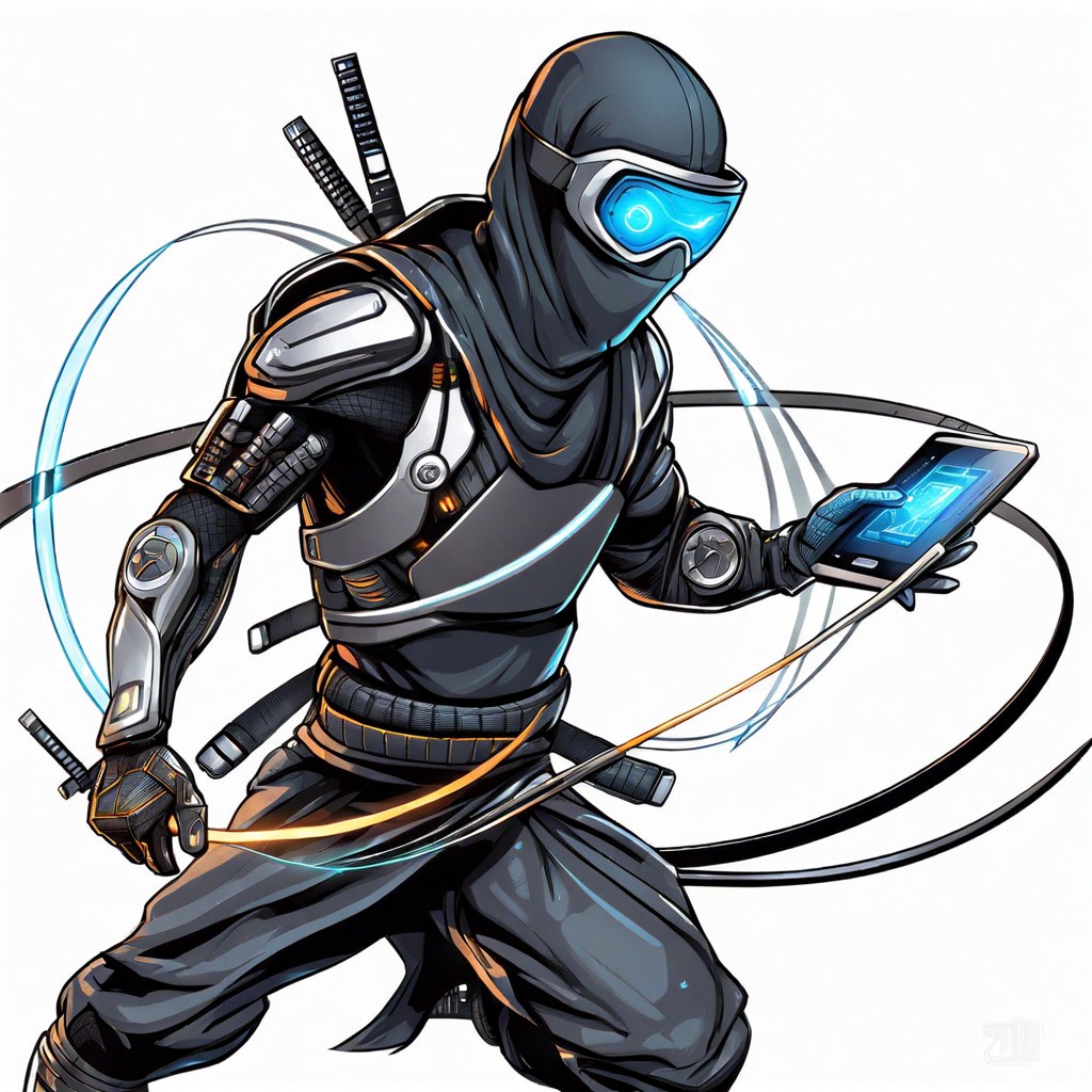a ninja in a futuristic setting using high tech gadgets