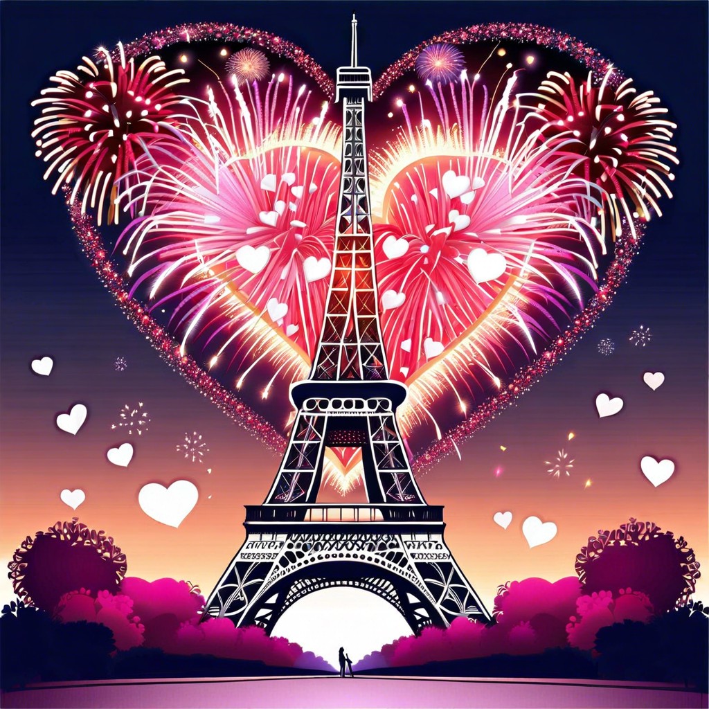 a painting of the eiffel tower with fireworks in the background forming hearts