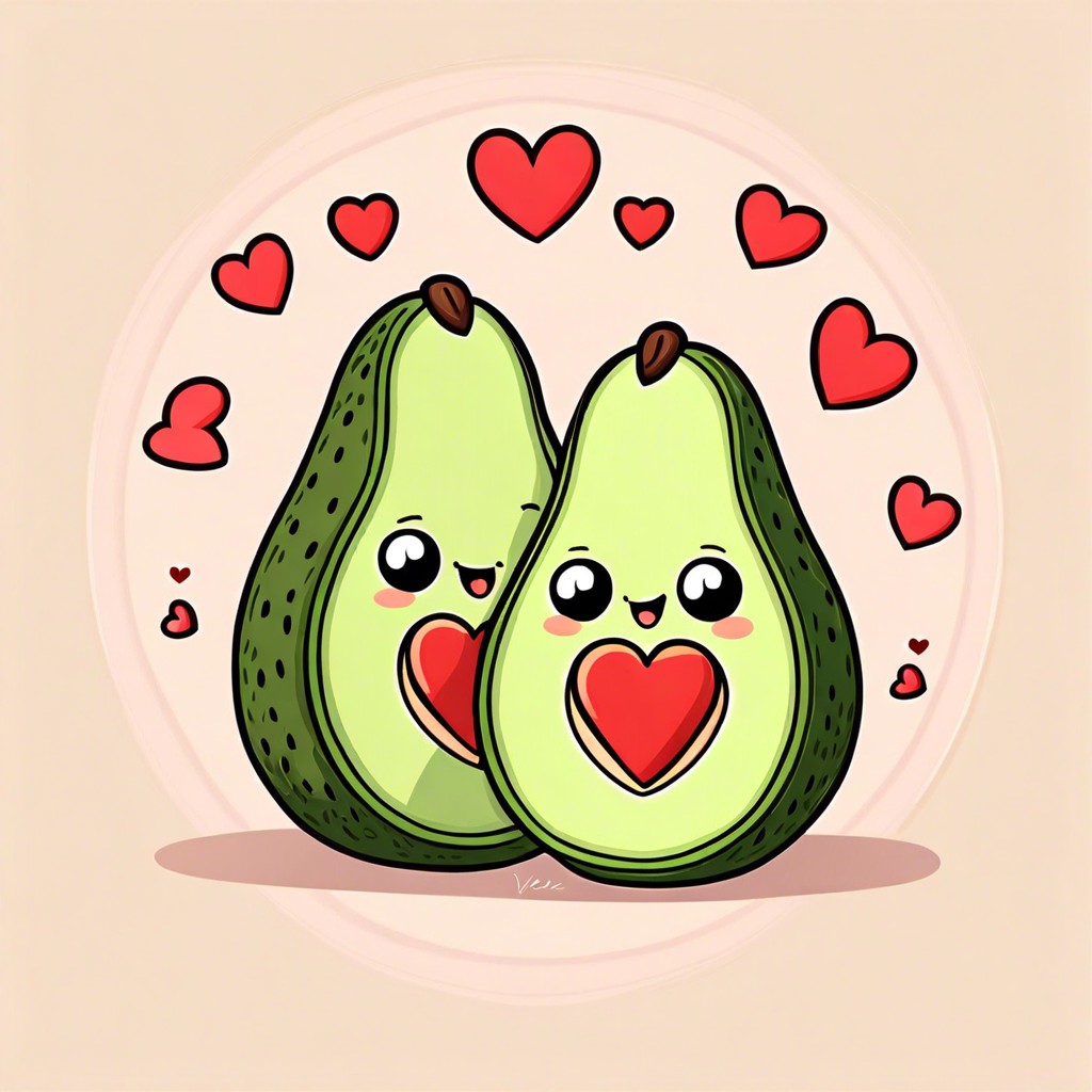 a pair of cartoon avocados with hearts as pits