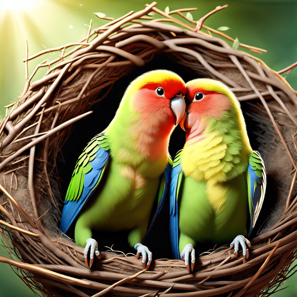 a pair of lovebirds in a heart shaped nest