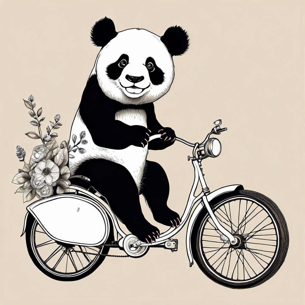 a panda riding a vintage bicycle