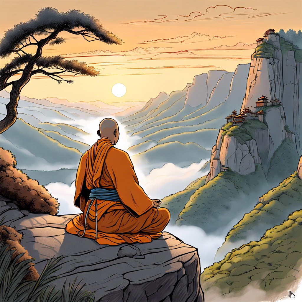 a peaceful monk meditating on a cliff overlooking a vast foggy valley
