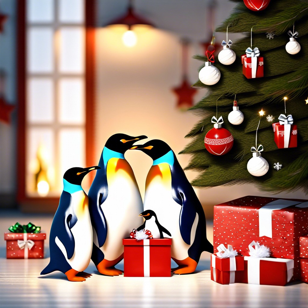 a penguin family exchanging gifts