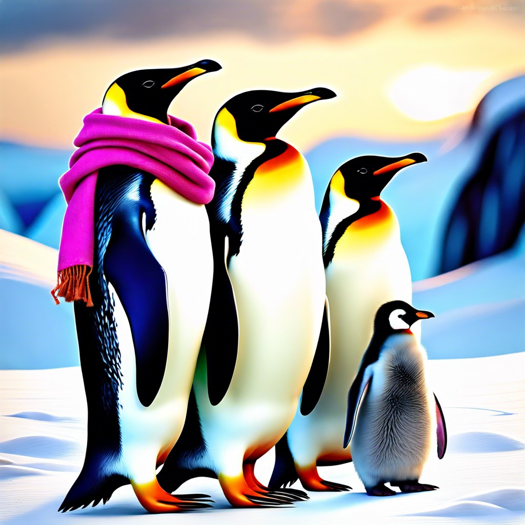 a penguin family wearing colorful scarves