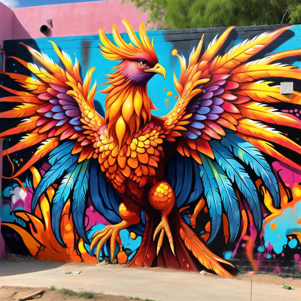 a phoenix rising from a graffiti wall