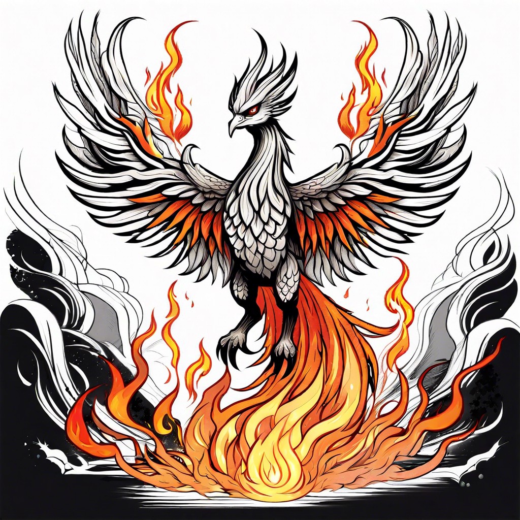 a phoenix rising with sketchy flames and ash