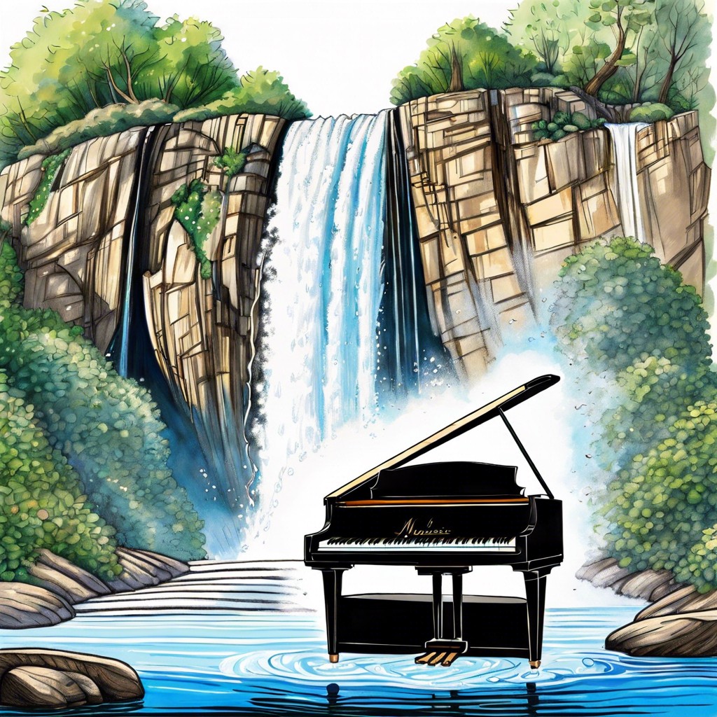 a piano keyboard turning into a waterfall