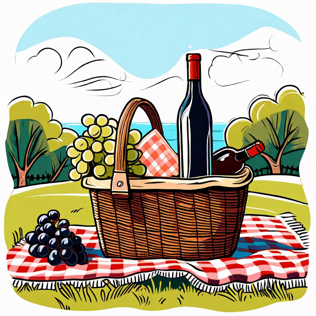 a picnic basket with wine and a checkered blanket