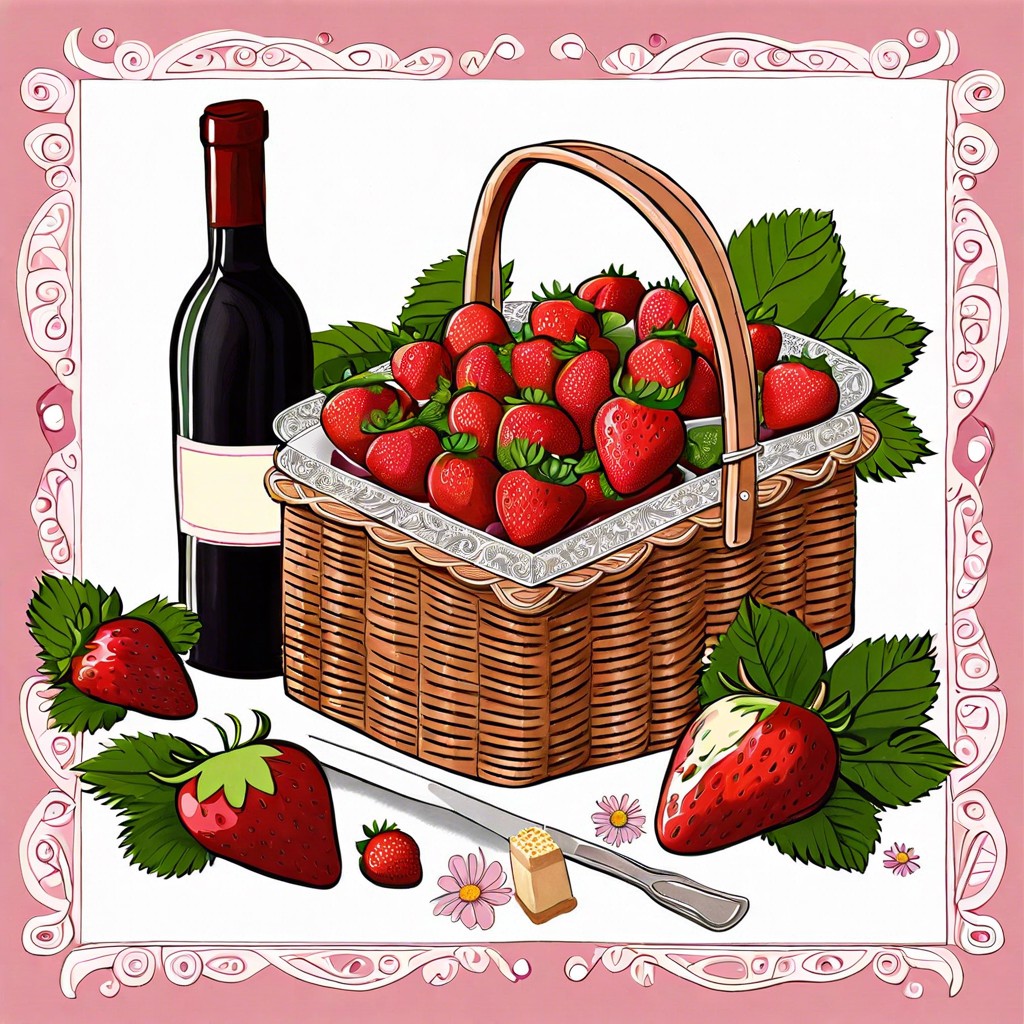 a picnic basket with wine strawberries and chocolates set on a floral meadow