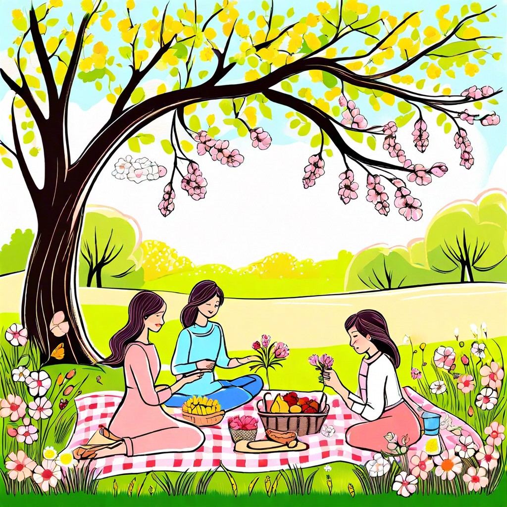 a picnic scene in a blooming meadow