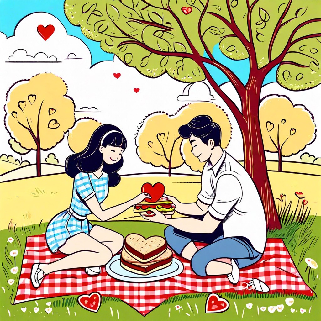 a picnic scene with a heart shaped sandwich