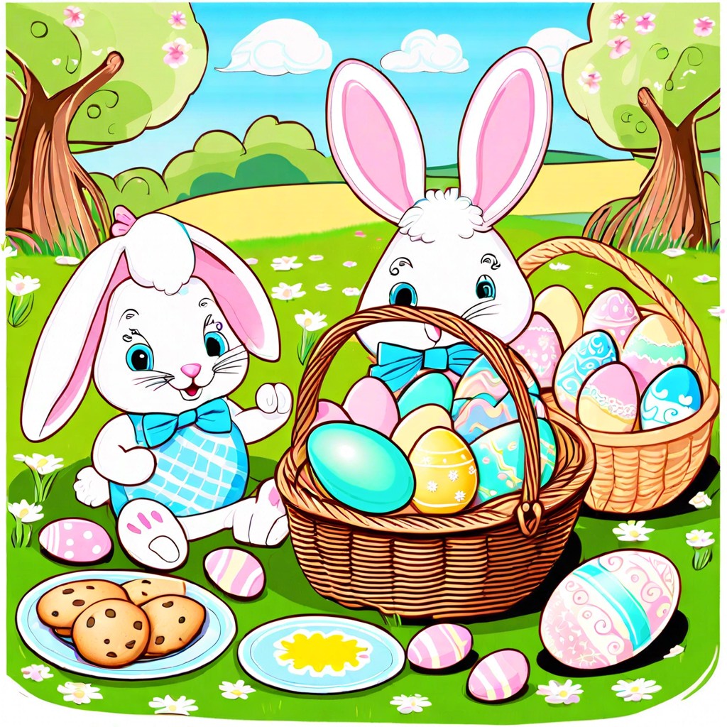 a picnic scene with easter themed foods and treats