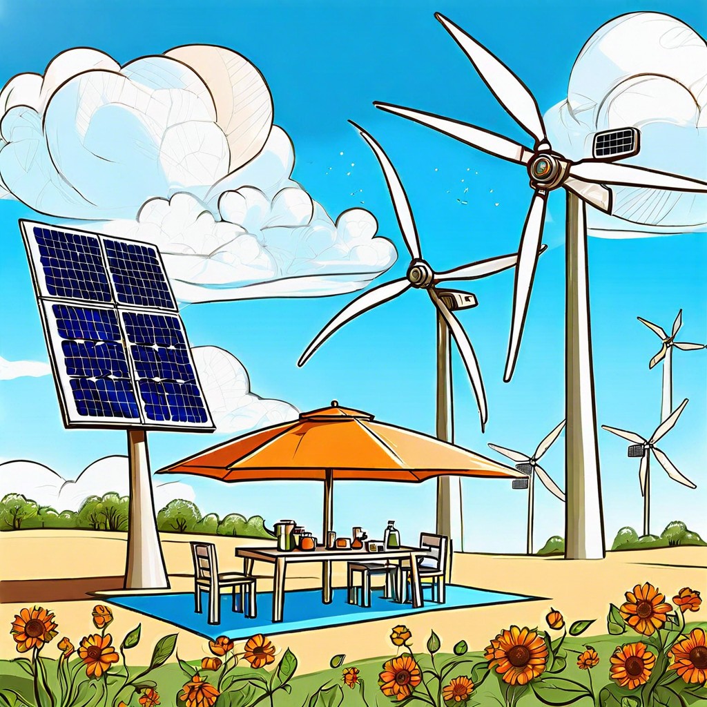 a picnic scene with solar panels and wind turbines in the background