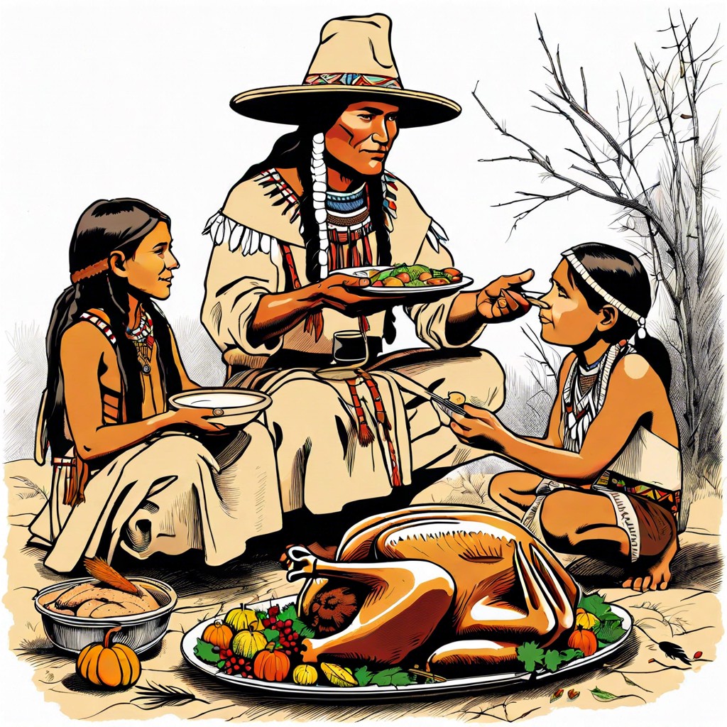 a pilgrim and a native american sharing food