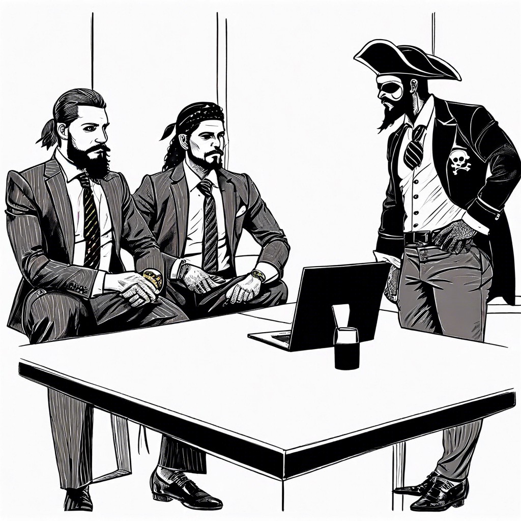 a pirate crew awkwardly attending modern day job interviews