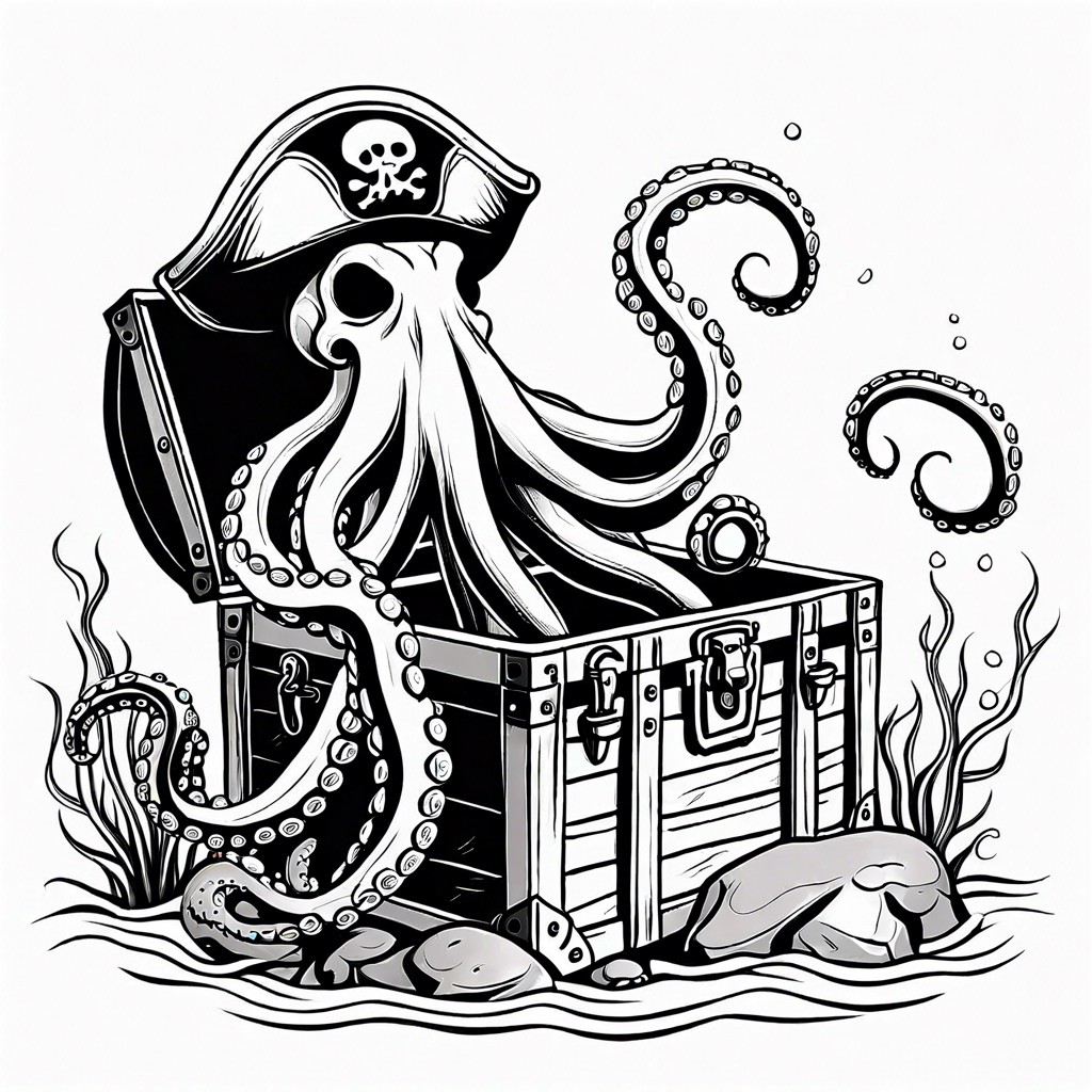 a pirate octopus searching for underwater treasure