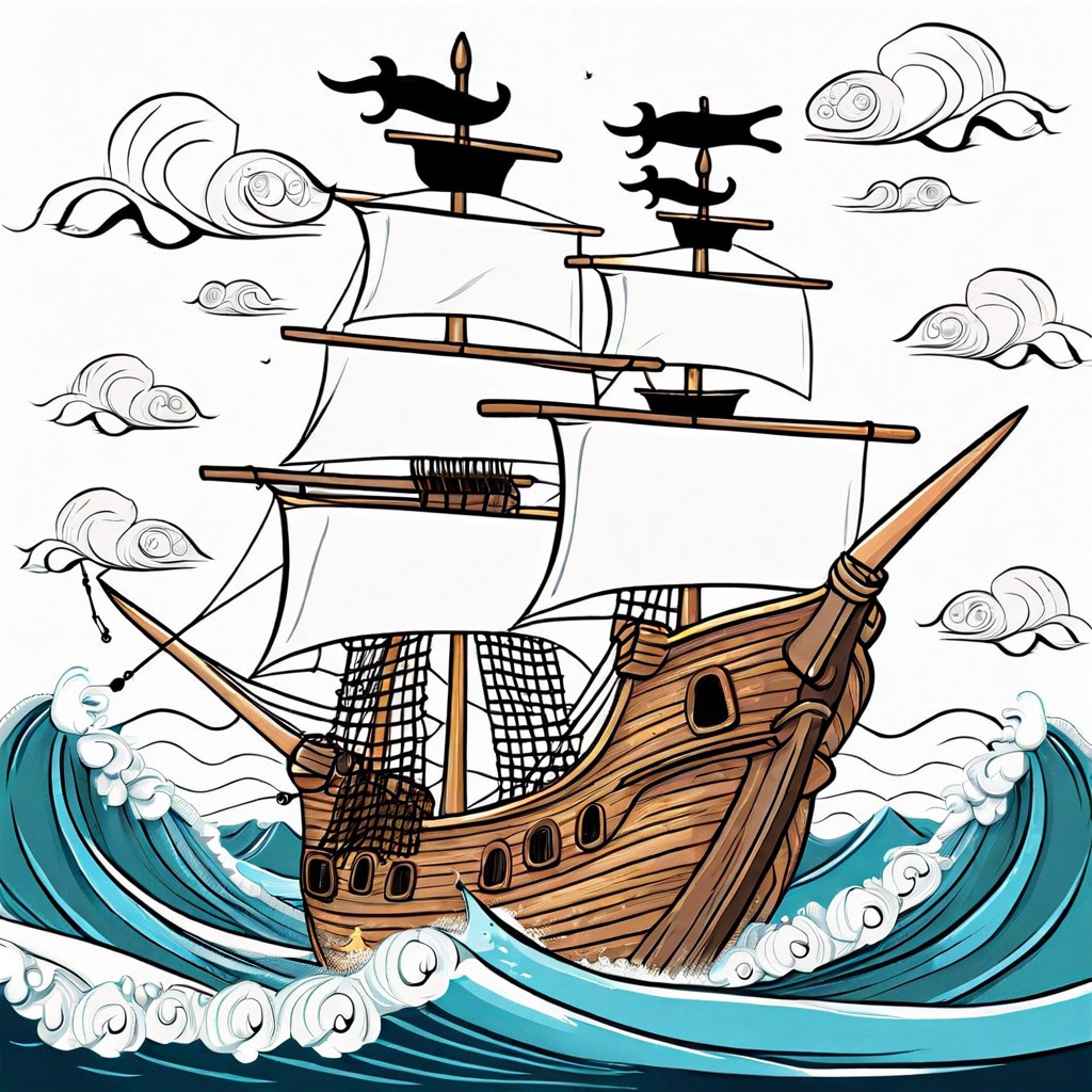 a pirate ship on a wavy sea