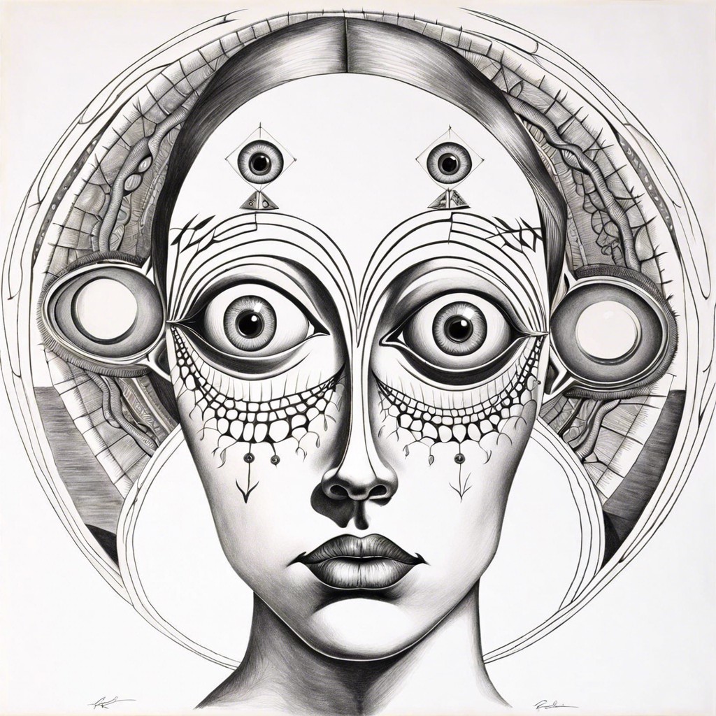 a portrait with multiple eyes symmetrically arranged around the head