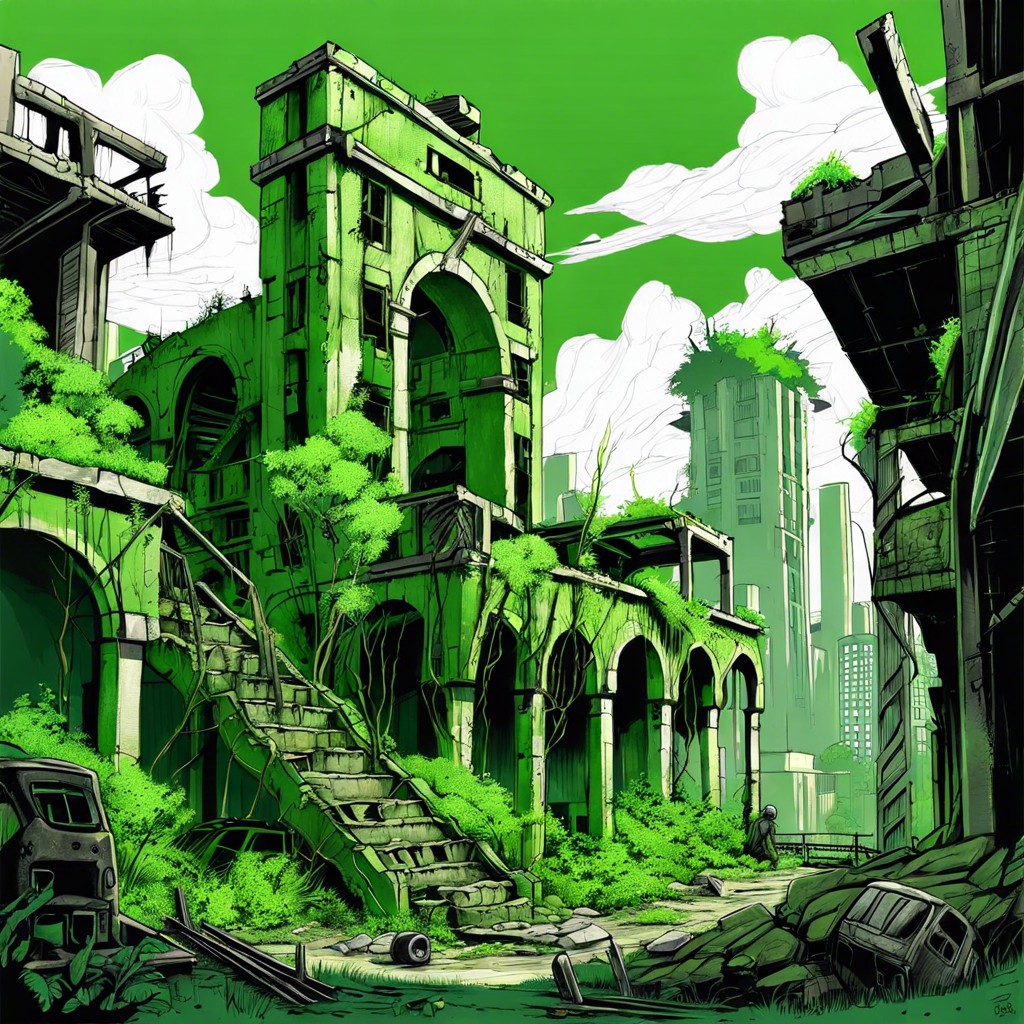 a post apocalyptic landscape with lush vegetation