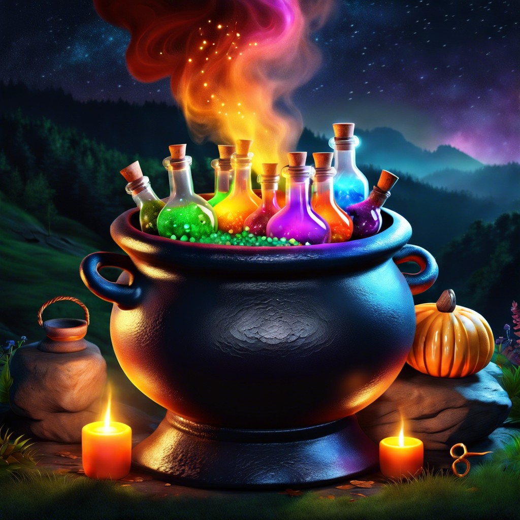 a potion filled witchs cauldron bubbling over