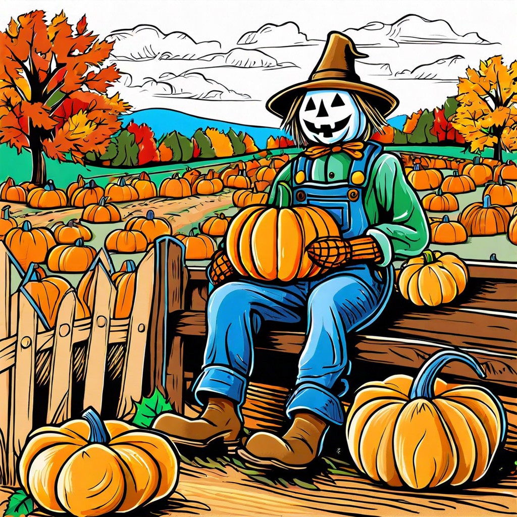 a pumpkin patch with a scarecrow and hayrides