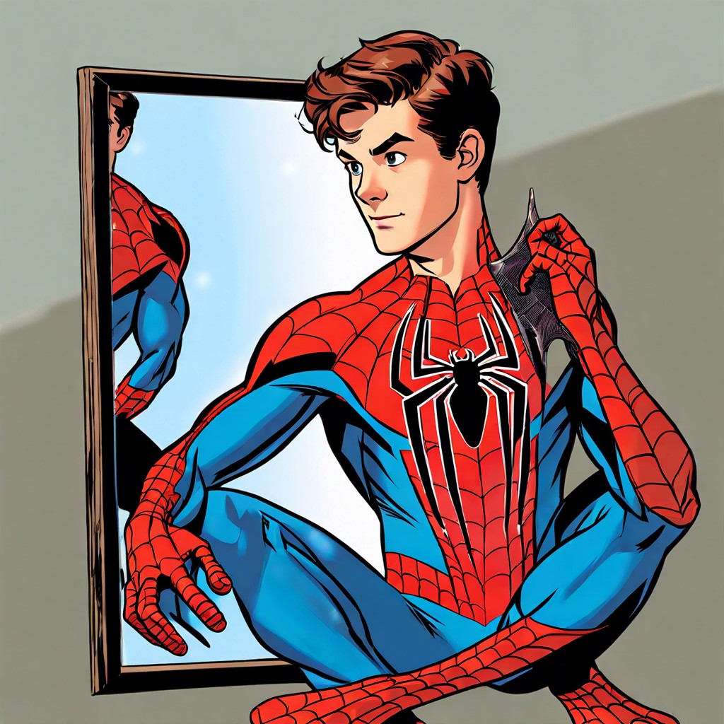 a reflective piece peter parker looking at spider mans costume in a mirror