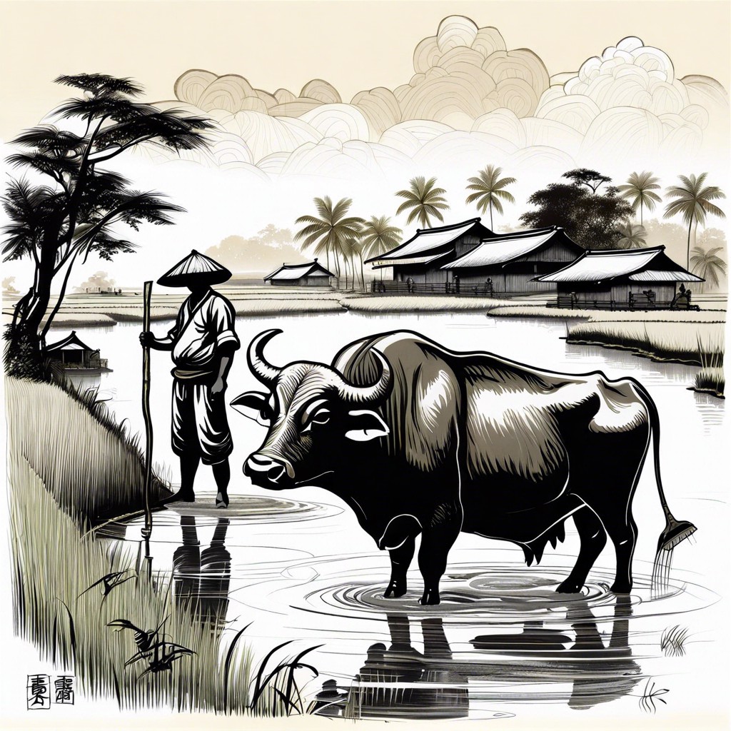 a rice paddy with a water buffalo and workers