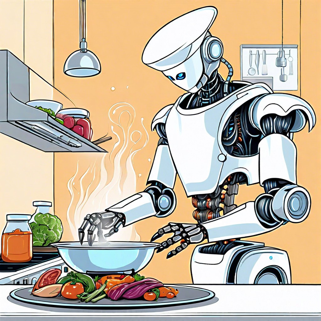 a robot cooking in a futuristic kitchen