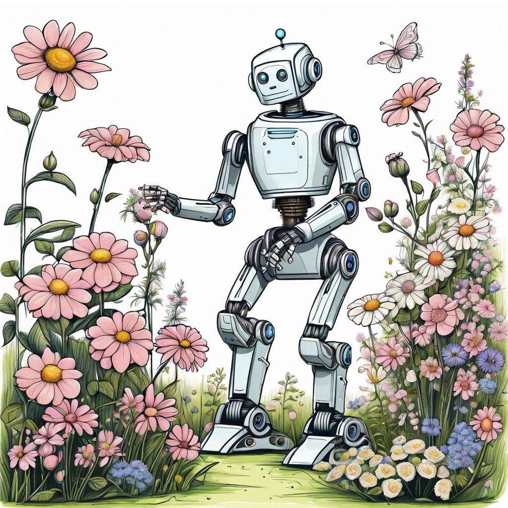 a robot gardening with delicate flowers