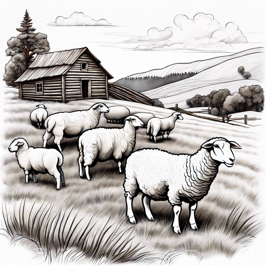 a rustic cabin and sheep on a wool farm
