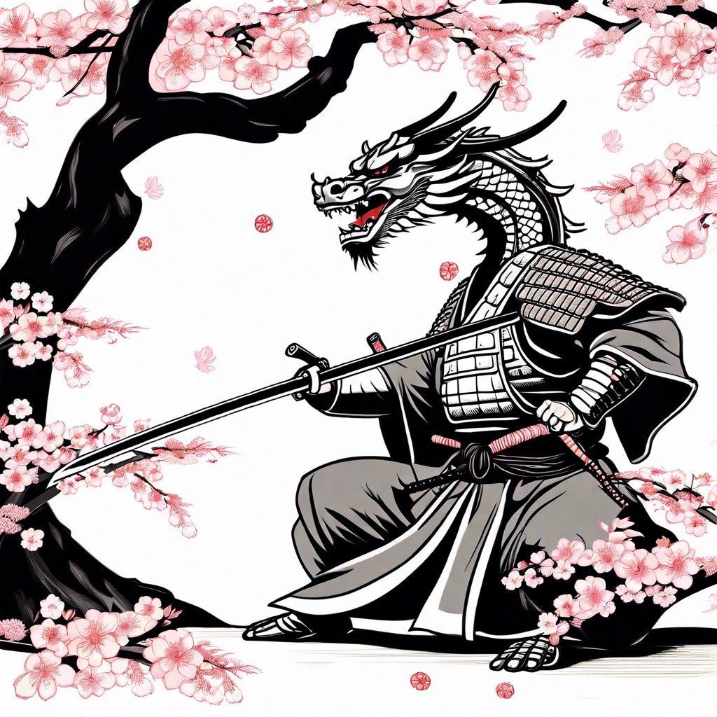 a samurai facing a dragon under a sakura tree