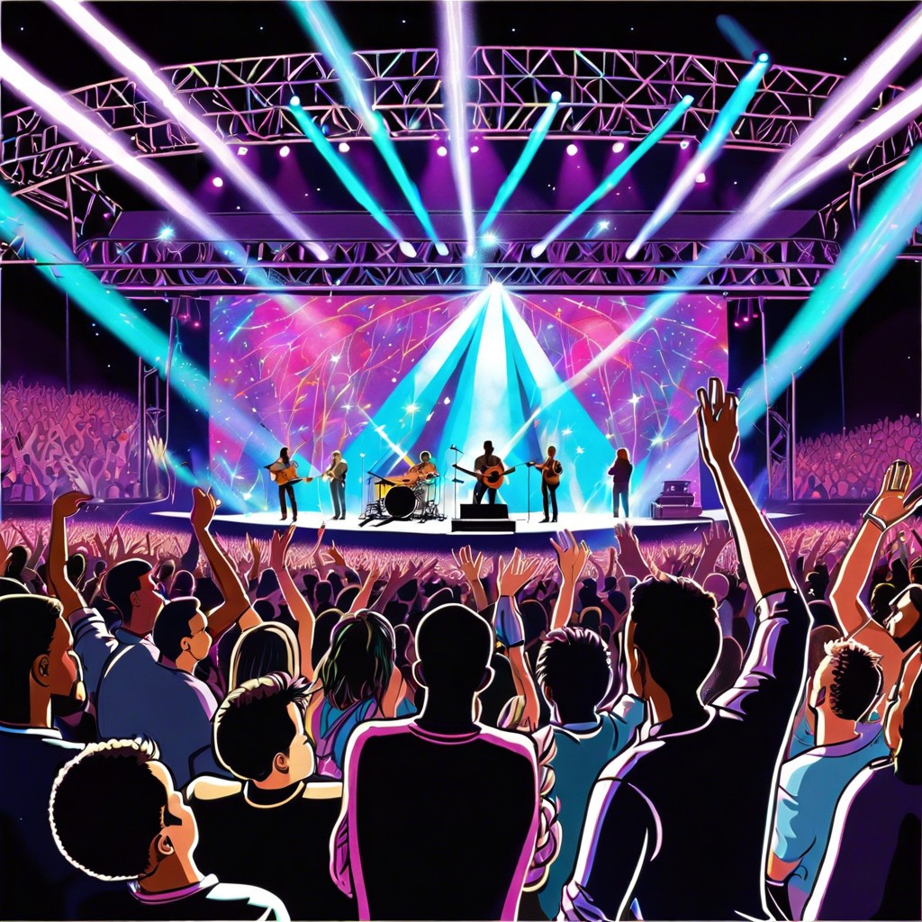 a scene showing a crowded 2000s music concert with holographic elements