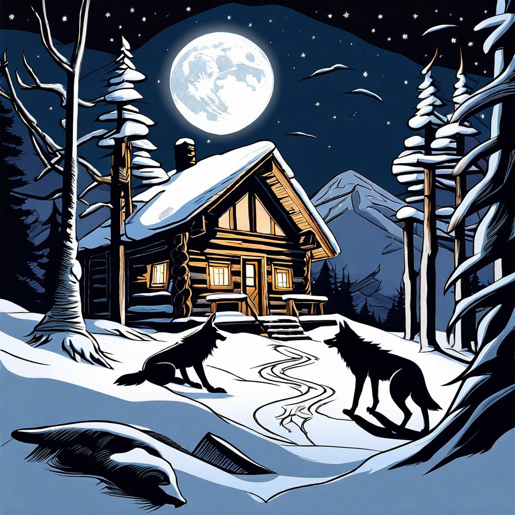 a secluded cabin surrounded by lurking wolves in the snow