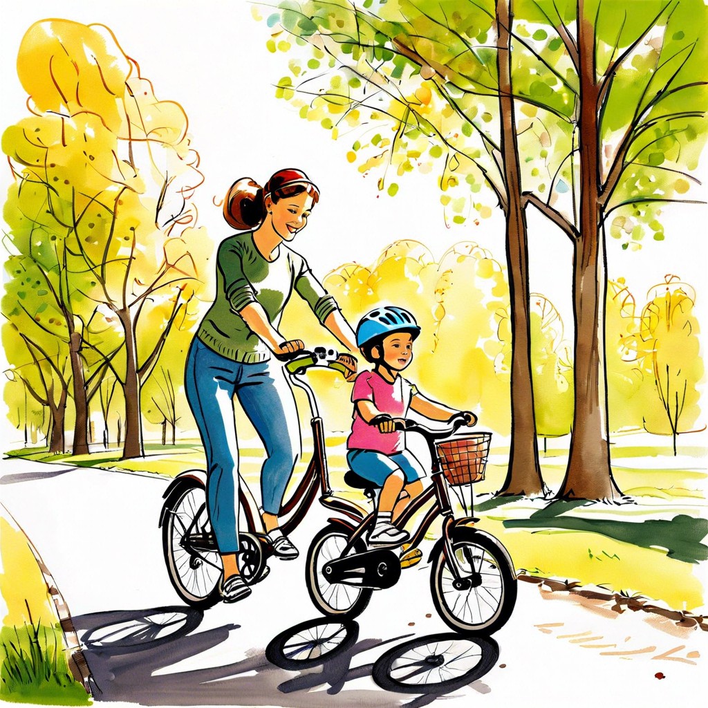 a sequence of mom teaching the child to ride a bike