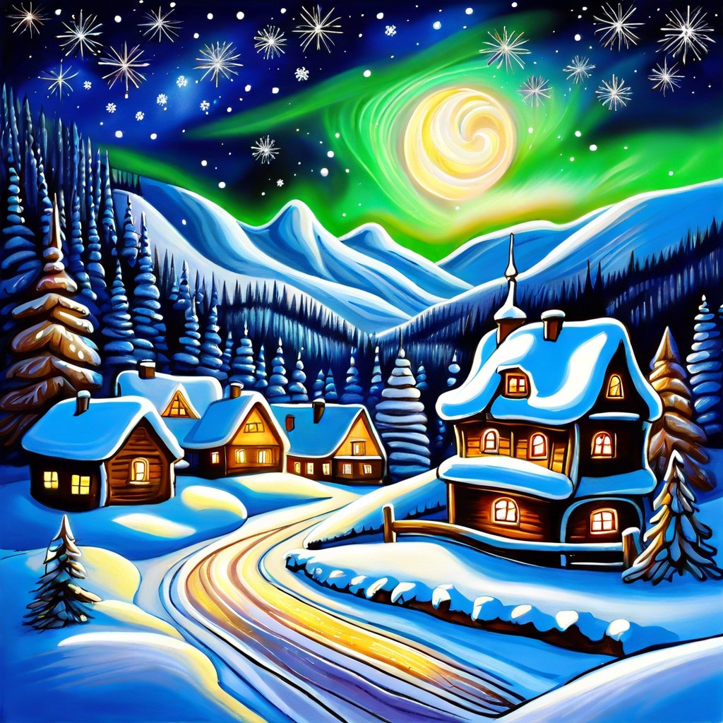 a serene snow covered village lit by auroras and starlight