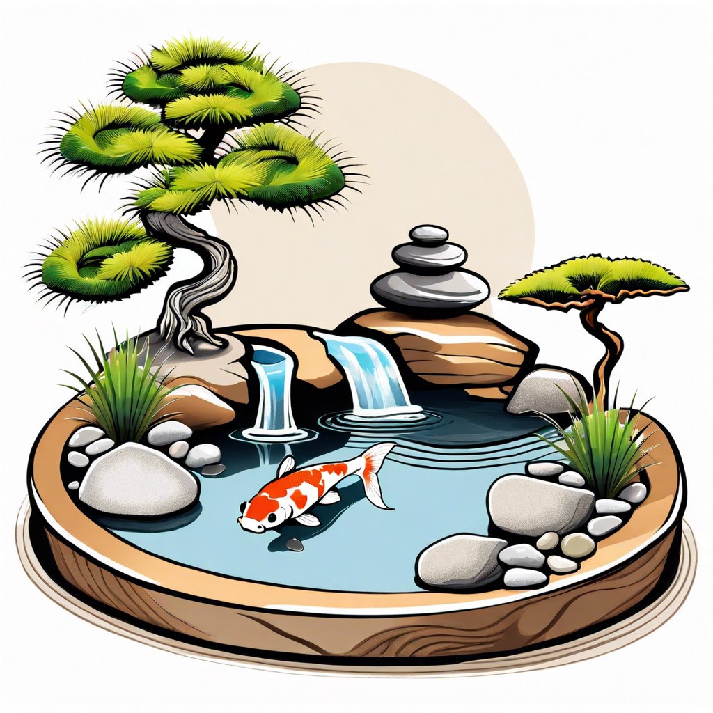 a serene zen garden with koi fish